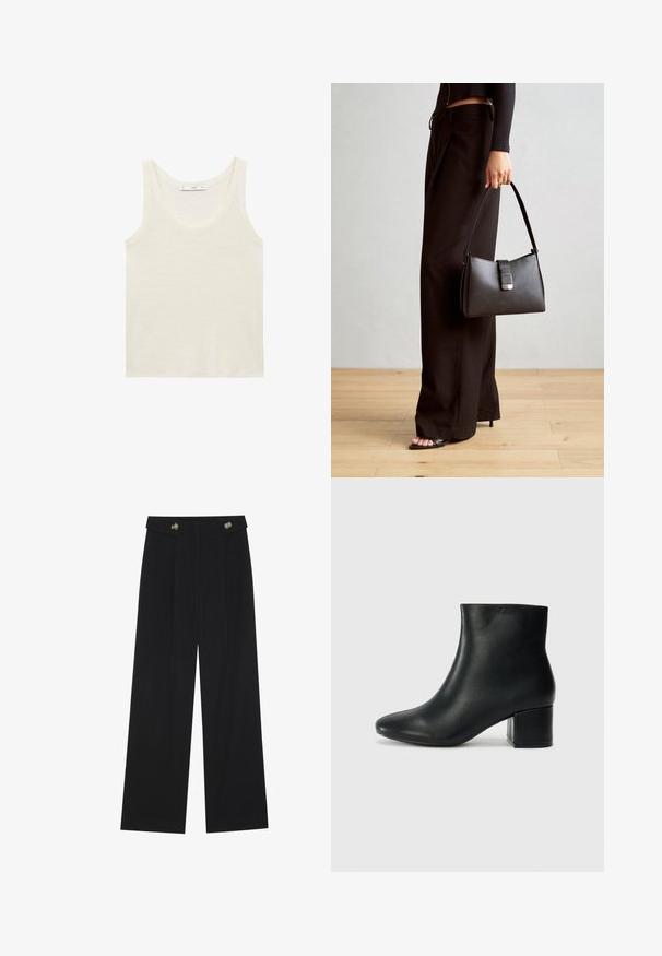 Top bianco a canotta realizzato in tessuto leggero. Presenta un collo arrotondato e ampie armature, con una texture liscia e un design minimale.; Pantaloni neri a gamba larga con vita alta, dettagli con bottoni in vita e pieghe frontali.; Stivali neri in pelle fino alla caviglia con punta appuntita e tacco spesso. Texture liscia con minimi dettagli e un design elegante e aderente.; Borsa nera con forma strutturata, texture liscia e una chiusura metallica. Abbinata a pantaloni neri larghi e sandali open-toe su un pavimento in legno.
