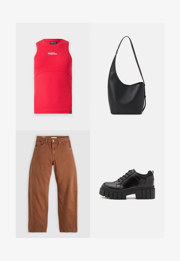 Raudonas be rankovių marškinėlis su banguotu tekstūru. Yra kreivė siūlė, apvalus iškirpimas ir balti užrašai "RACING" priekyje.; Rudai rudi tiesūs džinsai su priekinėmis ir galinėmis kišenėmis, metaliniais kabliukais, mygtuko užsegimu ir diržo kilpomis, išdėstyti ant balto fono.; Juodi odiniai platformos batai su masyviu blokuota kulniuku, apvalia nosimi ir tradiciniu šnypštimo dizainu. Turintys glotnų paviršių ir minimalų dekoravimą.; Juodas odinis hobo maišas su lygiu paviršiumi, kreipta forma ir viena reguliuojama rankena; turi platų atidarymą viršuje.