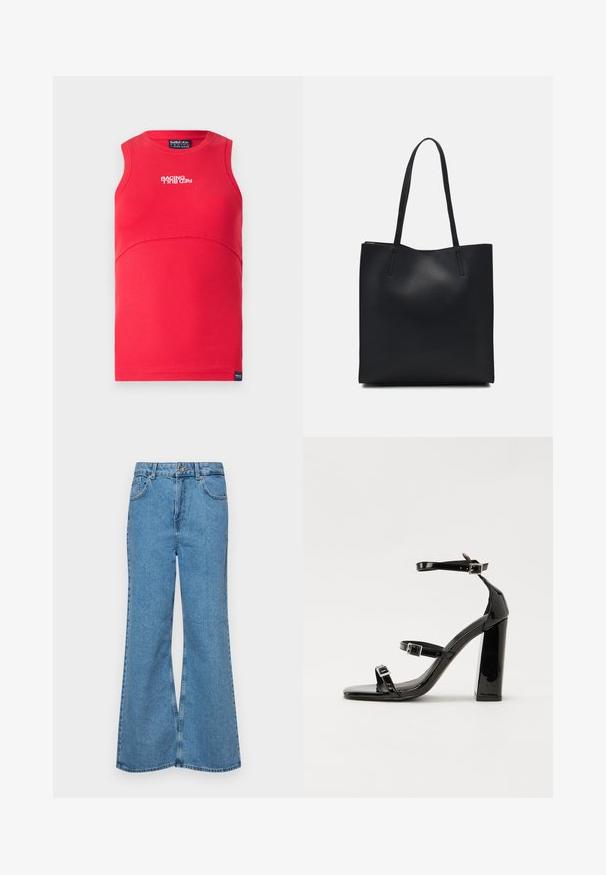 Raudonas be rankovių marškinėlis su banguotu tekstūru. Yra kreivė siūlė, apvalus iškirpimas ir balti užrašai "RACING" priekyje.; Šviesiai mėlynos flared džinsai, pagaminti iš džinsinio audinio, su aukštu liemeniu, penkiomis kišenėmis ir vienu mygtuko užsegimu. Minkštas paviršius su išblukusiu efektu.; Juoda blizgi lakuota basutė su kvadratiniu pirštu, kulkšnies dirželiais ir sidabro sagtimis. Yra tvirta blokinė kulno konstrukcija, užtikrinanti stabilumą.; Juodas odinis tote krepšys su lygia tekstūra, stačiakampio formos ir dviem ilgais rankenomis. Matomų metalinių detalių ar puošybos nėra.