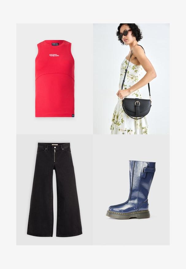 Red sleeveless top with a ribbed texture. Features a curved seam, a crew neckline, and white "RACING" text on the front.; Wide-leg jeans in black denim with a zippered front, five-pocket design, and subtle stitching details. Smooth texture and casual style.; Blue, glossy knee-high boot with a rounded toe, side zip, and vertical seam details. Features a thick, black platform sole with yellow stitching.; Black leather handbag with a curved shape, detachable strap, and gold hardware. The bag features a flap with a buckle detail.