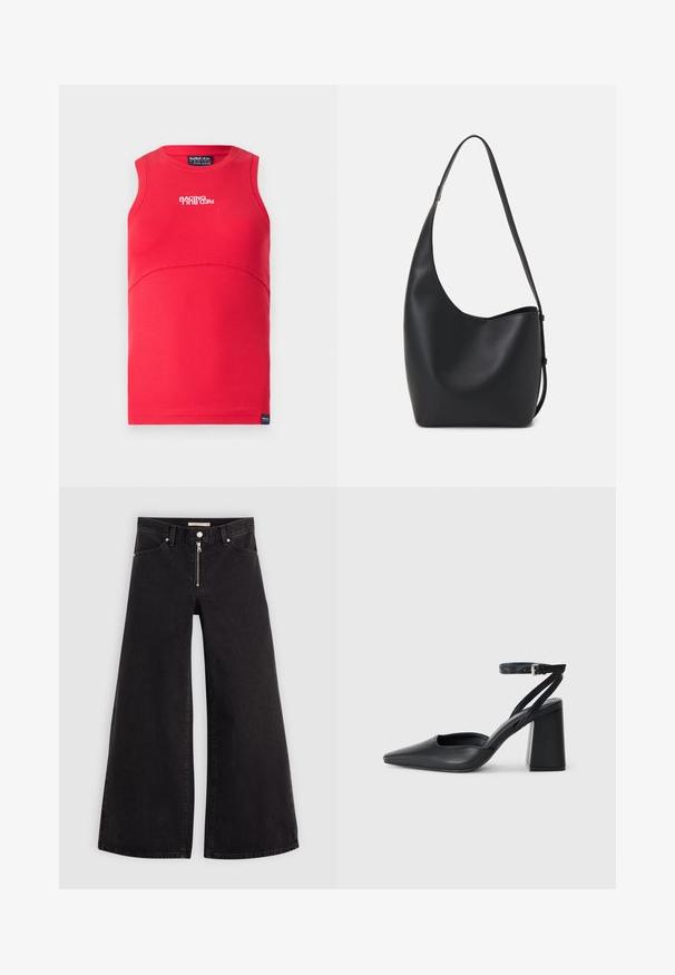 Červený top bez rukávov s ryhovanou textúrou. Má zakrivený šev, okrúhly výstrih a biely nápis "RACING" na prednej strane.; Dlhé nohavice vo voľnom strihu z čierneho denimu so zipsom vpredu, päť vrecúškovým dizajnom a jemnými stehovými detailmi. Hladká textúra a neformálny štýl.; Čierne kožené lodičky s špicatou špičkou a členkovým remienkom, s masívnym podpätkom. Hladký povrch, elegantný dizajn a minimalistická estetika.; Čierna kožená hobo taška so hladkou textúrou, zakriveným tvarom a jedným nastaviteľným popruhom; má široké otvorenie na vrchu.
