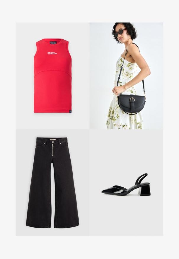 Red sleeveless top with a ribbed texture. Features a curved seam, a crew neckline, and white "RACING" text on the front.; Wide-leg jeans in black denim with a zippered front, five-pocket design, and subtle stitching details. Smooth texture and casual style.; Black patent leather slingback heels with a pointed toe and a geometric block heel. Features a sleek, minimal design and smooth texture.; Black leather handbag with a curved shape, detachable strap, and gold hardware. The bag features a flap with a buckle detail.