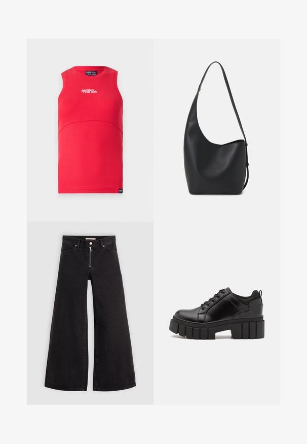 Červený top bez rukávů s žebrovanou texturou. Má zakřivený šev, kulatý výstřih a bílý nápis "RACING" vpředu.; Džíny s širokými nohavicemi v černém denimovém provedení se zipem vpředu, pěti kapsami a jemnými švy. Hladká textura a ležérní styl.; Černé kožené platformové boty s masivním blokovým podpatkem, kulatou špičkou a tradičním šněrováním. Mají hladký povrch a minimální detaily.; Černá kožená hobo taška s hladkým povrchem, zakřiveným tvarem a jedním nastavitelným popruhem; má široké otevírání nahoře.