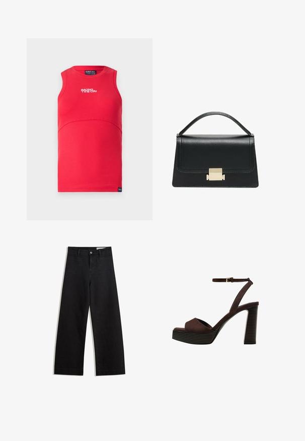 Punainen hihaton paita, jossa on ribbikuvio. Ominaisuuksiin kuuluu kaareva sauma, pyöreä pääntie ja etuosassa oleva valkoinen "RACING" -teksti.; Mustat leveät farkut korkealla vyötäröllä, joissa on etu- ja takataskut, ommellut saumat ja nappisuljenta. Silkinoinen rakenne.; Ruske kožne sandale s visokom potpeticom, otvorenim prstima, podesivim kopčanjem oko gležnja i prugastim platformskim đonom.; Musta nahkakäsilaukku, jossa on jämäkkä muotoilu, yläkahva ja kultainen metallisolki edessä. Sujuva pinta, minimaalinen ompelu.