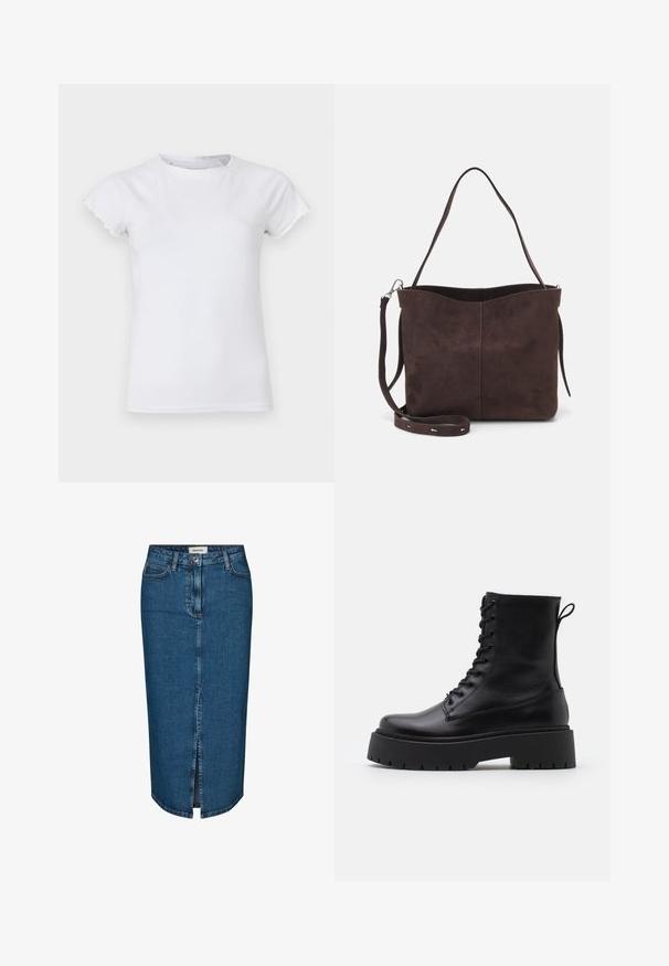 Biała bawełniana koszulka z krótkimi, falbankowymi rękawami, okrągłym dekoltem, dopasowanym krojem, gładką fakturą i bez widocznych wzorów czy zdobień.; Jeansowa spódnica ołówkowa w ciemnoniebieskim kolorze, z rozcięciem z przodu, pięcioma kieszeniami i kontrastowym przeszyciem. Średni stan z klasycznym krojem.; Czarne skórzane botki za kostkę z okrągłym noskiem, sznurówką z przodu i grubą gumową podeszwą z teksturowanym bieżnikiem. Pętelka do zakładania z tyłu.; Brązowa surowa torba na ramię o miękkiej fakturze, z pojedynczym paskiem na ramię i subtelnym, zakrzywionym otwarciem u góry. Brak widocznych detali metalowych.