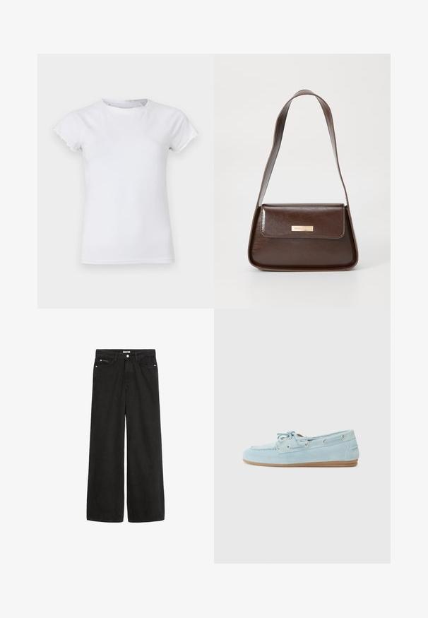 White cotton t-shirt with short, scalloped sleeves, round neckline, fitted shape, smooth texture, and no visible patterns or embellishments.; Wide-leg black denim jeans with a high waist. Features five pockets, metal hardware, and a clean finish. The texture is smooth and soft.; Light blue suede boat shoe with a rounded toe, laced closure, and silver eyelets. Features a soft, textured finish and a tan rubber sole.; Brown leather shoulder bag with a structured shape, featuring a magnetic flap closure and a metallic logo accent on the front.