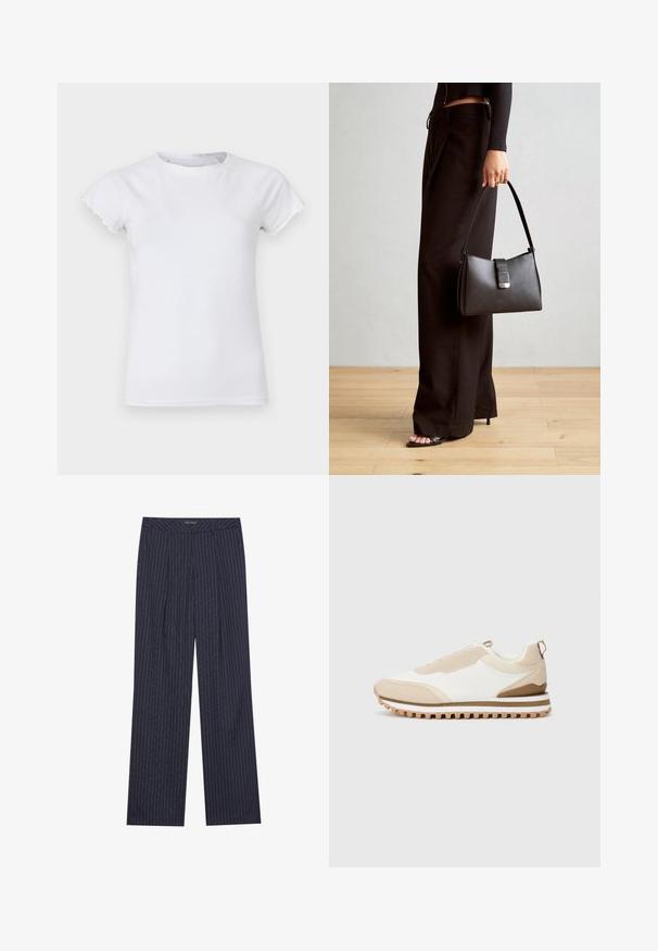 Bílý bavlněný tričko s krátkými, vroubkovanými rukávy, kulatým výstřihem, přiléhavým střihem, hladkou texturou a bez viditelných vzorů nebo zdobení.; Námořnické modré kalhoty s širokými nohavicemi a vertikálními bílými pruhy, s upraveným pasem a předními sklady pro strukturovaný střih.; Béžové a bílé nízké tenisky s texturovanou podrážkou a poutkem na patě, vystavené na jednobarevném světlém pozadí, boční pohled.; Černá kabelka se strukturovaným tvarem, hladkým povrchem a kovovým uzávěrem. Kombinována s širokými černými kalhotami a sandály s otevřenou špičkou na dřevěné podlaze.