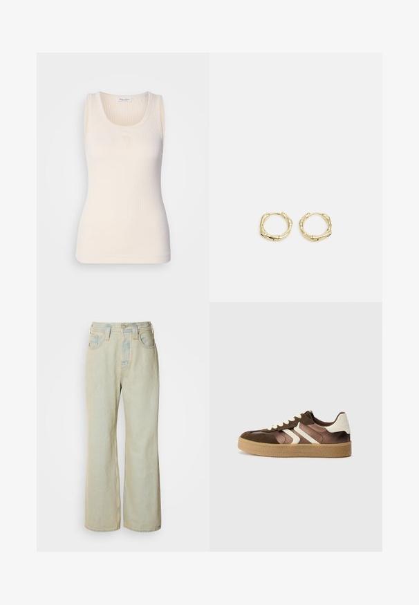 Rippentop ohne Ärmel in Creme. Verfügt über einen runden Ausschnitt und ein dezentes Logo in der Mitte. Glatte Textur mit einer taillierten Silhouette.; Hellblaue Schlagjeans aus Denim mit hoher Taille, fünf Taschen und subtilen Ausbleichungen sowie kontrastierenden Nähakzenten.; Braune und cremefarbene Sneakers aus einer Kombination von Wildleder und Satin, mit drei diagonalen Streifen und einer strukturierten Gummisohle.; Goldene Creolen mit einer strukturierten, unregelmäßigen Form. Sie verfügen über einen nahtlosen Verschluss und eine polierte Oberflächenbehandlung, die ein modernes Design betont.
