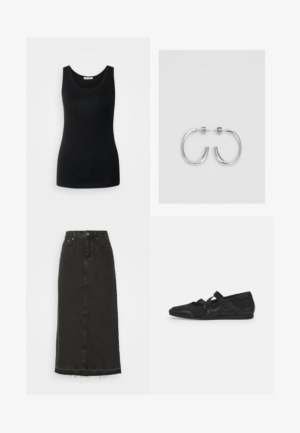 Black sleeveless tank top, made of smooth fabric, features a classic round neckline and a fitted design. No patterns or accents.; Black denim midi skirt with a fitted waist, front button closure, and frayed hem. Features classic five-pocket design and slight texture.; Black flat shoes with a soft, textured upper, featuring two adjustable straps and a rounded toe design, mounted on a flat rubber sole.; Silver hoop earrings with a smooth, shiny finish. Rounded shape, lightweight design, featuring a post-back closure.