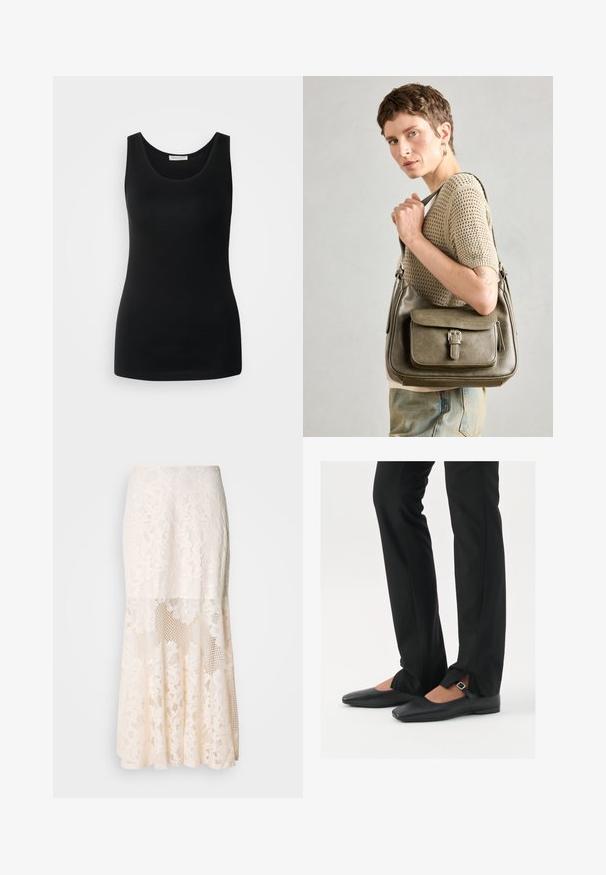 Svart ermeløs tanktopp laget av glatt stoff, har en klassisk rund halslinje og en tettsittende design. Ingen mønstre eller detaljer.; Blomsterbroderi midi skjørt i krem; har lagd design med gjennomsiktige seksjoner, teksturert blonde og flared kant.; Svart skinnballett-sko med spiss tå, stropp med sølvspenne, kombinert med svarte skreddersydde bukser med splitt i kanten.; Olivengrønn lærveske med frontklapp, justerbar stropp og detaljer i sølvmetall, vist på en modell som har på seg en strikket topp.; Sølv ringøredob med en polert finish, med små gull detaljer og en rund form, båret på øreflippen.