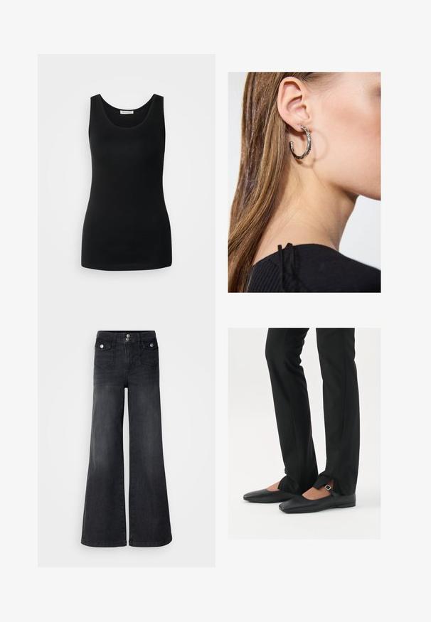 Fekete ujjatlan trópusi felső, sima anyagból készült, klasszikus kerek nyakkivágással és testhez álló szabással. Minták vagy díszítések nélkül.; Fekete farmer széles szárú nadrág magas derékkal, elülső gombokkal és két elülső zsebbel; sima textúrával, enyhén kopott hatással.; Fekete bőr balettcipők hegyes orral, ezüst csattal ellátott pánttal, fekete szabott nadrággal, amelynek hasított szegélye van.; Ez egy ezüst fülbevaló, sima felülettel, amelyen apró arany díszítőelemek találhatók. Kerek formájú és a fülcimpán viselik.