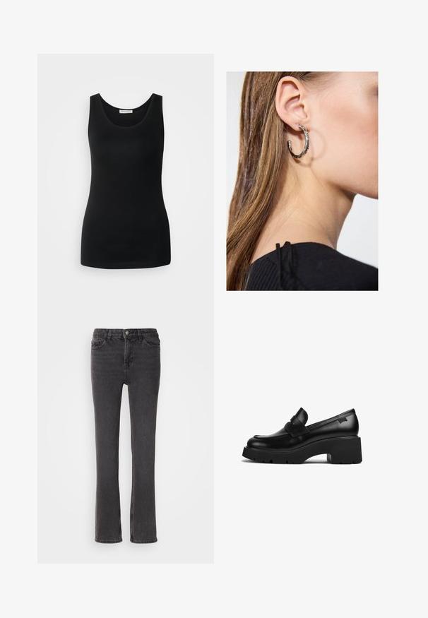 Sort ærmeløs tanktop, lavet af glat stof, har en klassisk rund halsudskæring og en tætsiddende design. Ingen mønstre eller detaljer.; Sorte denim jeans med lige pasform, der har forlommer, lynlås og subtile stiksyninger. Stoffet har en let tekstur.; Sorte læder loafers med chunky hæl, tyk sål og en remdetalje henover, vist fra siden på en hvid baggrund.; Sølv hoop ørestik med en poleret overflade, prydet med små guld accenter og en rund form, båret på øreflippen.
