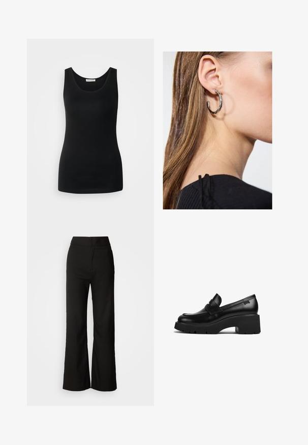 Sort ærmeløs tanktop, lavet af glat stof, har en klassisk rund halsudskæring og en tætsiddende design. Ingen mønstre eller detaljer.; Sorte bukser med bred benvidde, glat tekstur, høj talje og et enkelt design. Ingen synlige lommer eller udsmykninger.; Sorte læder loafers med chunky hæl, tyk sål og en remdetalje henover, vist fra siden på en hvid baggrund.; Sølv hoop ørestik med en poleret overflade, prydet med små guld accenter og en rund form, båret på øreflippen.