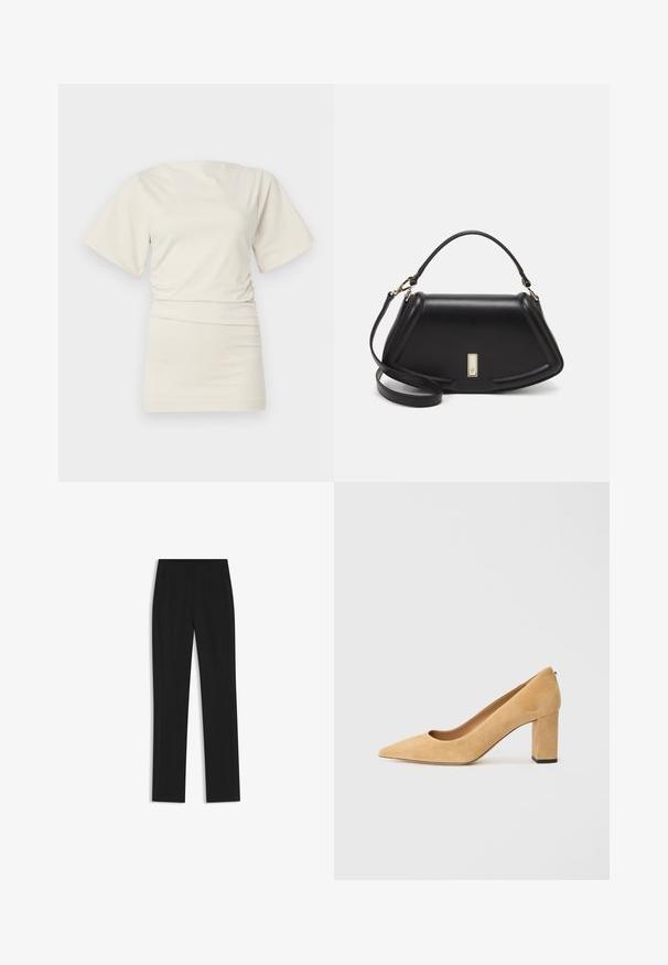 Short-sleeve, round-neck top in soft off-white fabric, featuring a gathered side design for shaping and a smooth texture.; Black tailored trousers with a straight-leg design, featuring front pockets and a smooth, textured fabric. Neat, minimal detailing.; Beige suede high-heeled pump with a pointed toe and a chunky block heel. The material has a soft texture with a smooth finish.; Black leather handbag with a structured design, featuring a cropped shape, top handle, and gold hardware accent. Adjustable shoulder strap included.