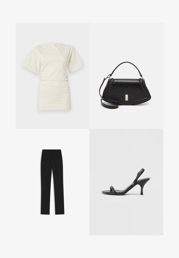 Short-sleeve, round-neck top in soft off-white fabric, featuring a gathered side design for shaping and a smooth texture.; Black tailored trousers with a straight-leg design, featuring front pockets and a smooth, textured fabric. Neat, minimal detailing.; Black leather high-heeled sandals with a slim, curved heel and a crossed strap design. Adjustable ankle strap. Smooth texture.; Black leather handbag with a structured design, featuring a cropped shape, top handle, and gold hardware accent. Adjustable shoulder strap included.