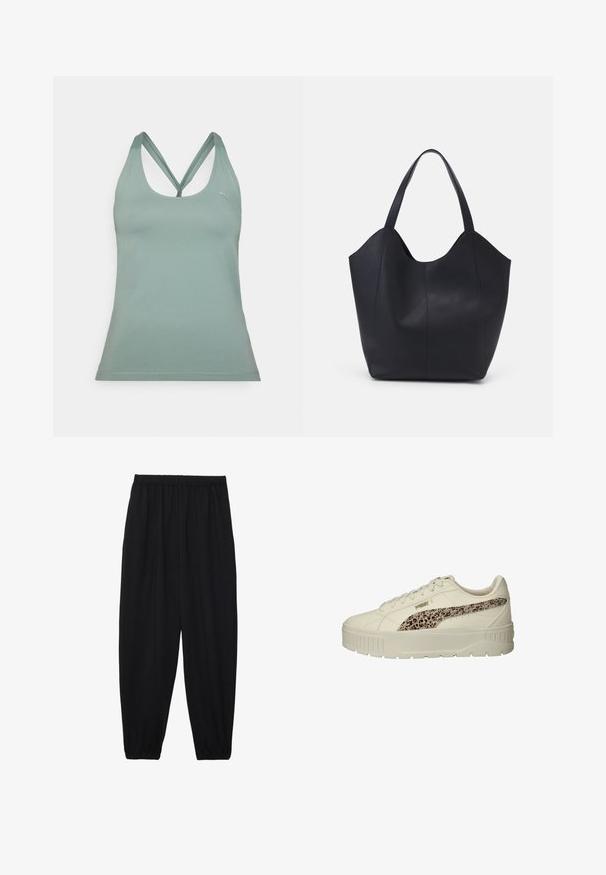 Šviesiai žalias sportinis tankinis su apvaliu kaklu, kryžminėmis petnešėlėmis ir prigludusia forma. Pagamintas iš lygios, tamprios medžiagos.; Juodi, lengvi kelnių su elastinga juosmens juosta ir surinktais kulkšniais. Audinys yra lygus ir turi atsipalaidavusį, siaurėjantį dizainą.; Bežinės tekstūruotos sportinės bateliai su raštuotu leopardų spaudos akcentu, storu baltu padu, apvaliu pirštu ir su raišteliu. Lengvas sintetinės medžiagos.; Juodas rankinės maišelis, pagamintas iš lygaus odos, su išlenktu atviru viršumi, dviem petinėmis dirželis ir minimalistiniu dizainu.