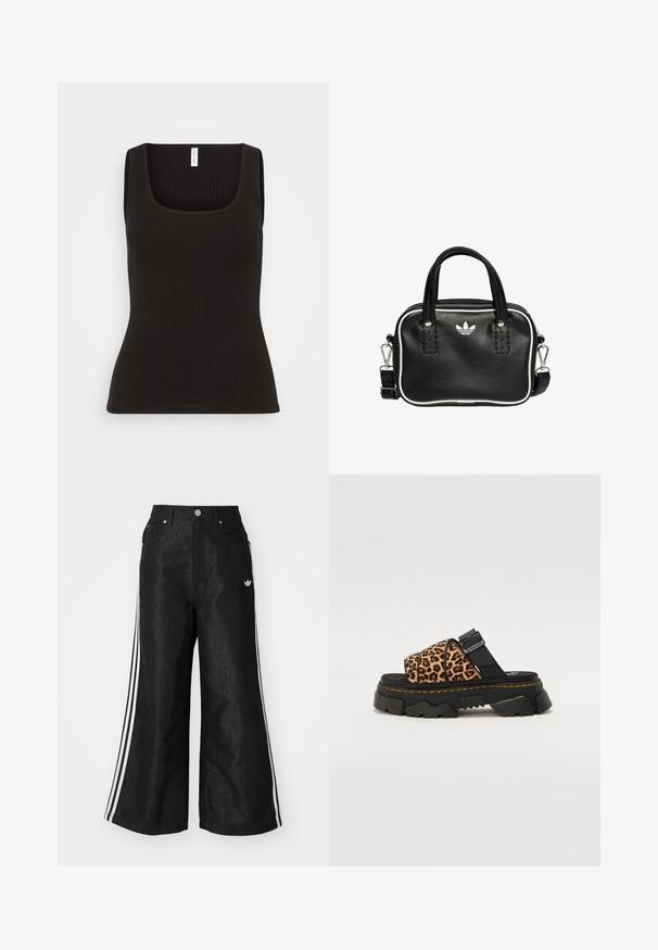Samsøe Samsøe AMANZA TANK - Top - black; Pantalones de denim anchos y negros con tres franjas blancas en cada lado y un pequeño logo blanco. Cuenta con bolsillos frontales y un cierre de botón.; Chanclas de estampado de leopardo con una correa sintética negra y suela de goma gruesa. Presentan detalles texturizados y acentos de costura amarilla.; Bolso de mano de cuero negro con dos asas cortas, herrajes plateados, detalles en blanco y un logotipo blanco. Presenta una superficie texturada y un diseño compacto.