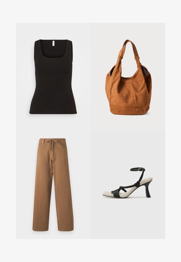 Samsøe Samsøe AMANZA TANK - Top - black; Pantaloni larghi marroni in cotone, con vita elasticizzata e due tasche frontali. Tessuto strutturato con una finitura liscia.; Sandal con tacco nero e design con cinturino intrecciato, punta quadrata e cinturino alla caviglia regolabile. Soletta beige chiaro con tacco nero lucido.; Borsa a spalla in suede marrone con una texture morbida, forma curvata e due manici. Presenta un design minimalista senza hardware o accenti visibili.