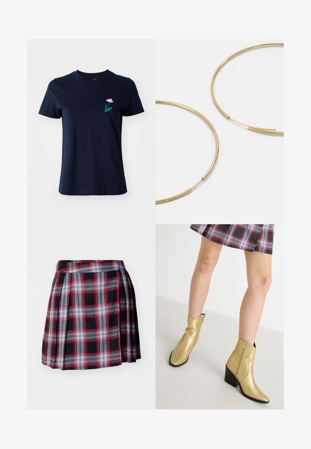 Camiseta de algodón azul marino con mangas cortas. Presenta una pequeña flor rosa bordada en el lado izquierdo del pecho, rodeada de hojas verdes.; Falda de cuadros negros con patrones de cuadros rojos, azules y grises, con plisados y una cinturilla plana para un ajuste estructurado. Textura de tela suave.; Botas metálicas doradas hasta el tobillo con punteras puntiagudas, cierre de cremallera y tacón cuadrado. Textura suave con acentos cosidos y una forma clásica.; Pendientes de aro color dorado, delgados y redondos, con un acabado metálico suave y sin adornos ni patrones.