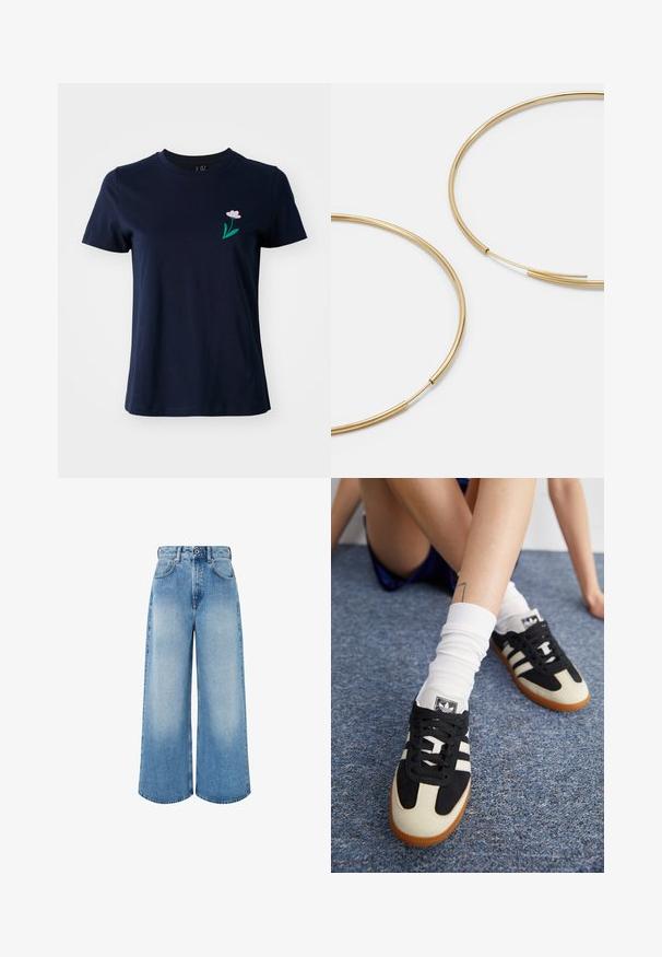 Camiseta de algodón azul marino con mangas cortas. Presenta una pequeña flor rosa bordada en el lado izquierdo del pecho, rodeada de hojas verdes.; Vaqueros de mezclilla de pierna ancha en azul claro, con cintura alta, cierre de botón y un leve desvanecimiento con bordes de dobladillo limpios.; Zapatillas deportivas en blanco y negro con parte superior de ante y cuero, que presentan tres rayas blancas y una suela de goma. Par usado con calcetines blancos.; Pendientes de aro color dorado, delgados y redondos, con un acabado metálico suave y sin adornos ni patrones.