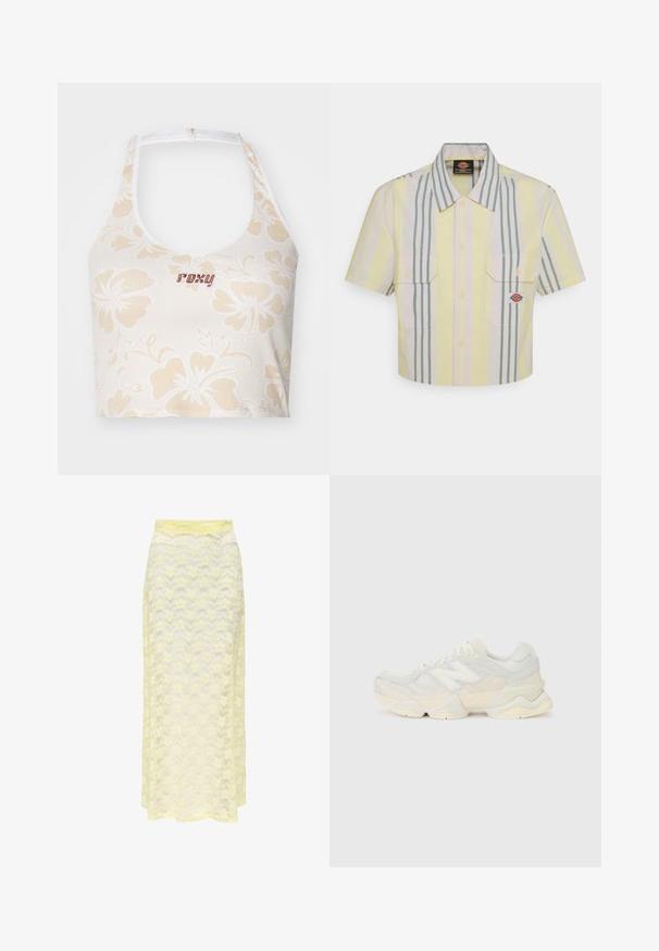 Valgetavaga valge lühike topp, millel on beežid hibiski lillede mustrid ja marooni värvi tikandiga "Roxy" logo. Omab kaeluse disaini.; Lühikeste varrukatega lühendatud särk heledas kollases, millel on vertikaalsed rohelised ja pastelltriibud. Sellel on kaks rinna taskut ja logo silt vasakul taskul.; Kollase pitsmaciga maksiseelik lainelise mustriga, millel on sile vöökoht ja pehme, õhuline tekstuur. Kujundatud lennuka silueti saavutamiseks.; Kerge tenniseking, mille pealis on valmistatud võrgust ja seemisnahast pehmes kreemitoonis, koos paksu tallaga ja kolmemõõtmeliste aktsentidega.