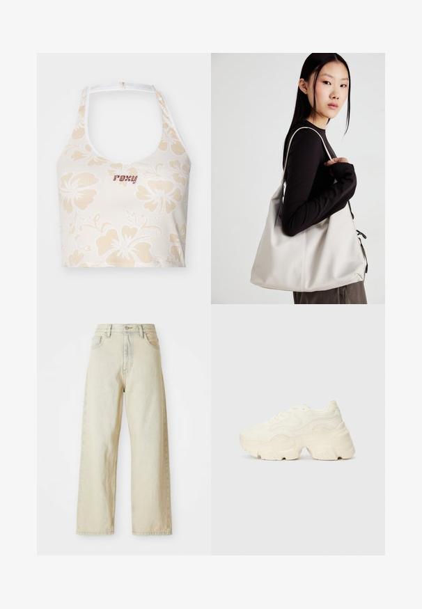 Top cropped branco com padrão floral, decorado com flores de hibisco em bege e um logo bordado "Roxy" em bordô. Apresenta um design de halter neck.; Calças de ganga de perna larga em um tom bege claro, com bolsos frontais, cintura alta e detalhes de costura subtis. Feitas de um tecido de ganga texturizado.; Sapatilhas brancas chunky feitas de malha texturizada e materiais sintéticos, apresentando uma sola espessa e detalhes de padrão intrincados ao longo dos lados.; Uma bolsa bege feita de material macio, com um design descontraído, detalhes de costura e duas alças para o ombro. Adequada para uso diário.