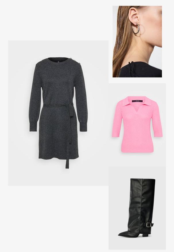 Růžový pletený svetr s výstřihem do V a krátkými rukávy. Má žebrovanou texturu a límečkový design, s přiléhavým siluetou.; Dlouhé pletené šaty v barvě antracitové šedé s kulatým výstřihem, bočním opaskem na zavázání, žebrovanými manžetami a knoflíkovými detaily na levém rameni.; Černé kožené kotníkové boty až po kotníky s špičatou špičkou, hladkým povrchem a stříbrnou sponou na boku. Masivní čtveritý podpatek.; Černá kožená taška v obdélníkovém tvaru, vybavená jedinečnou uzlovou rukojetí a odnímatelným ramenním popruhem. Hladký povrch a minimální švy.; Stříbrný kruhový náušník s lesklým povrchem, zdobený malými zlatými akcenty, v kulatém tvaru, nošený na lalůčku.