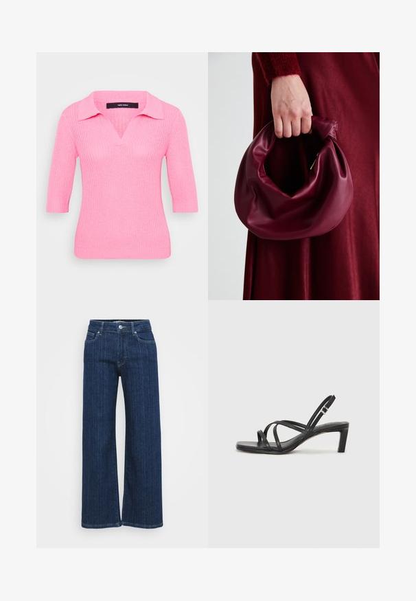 Rózsaszín kötött pulóver V-nyakkal és rövid ujjal. Bordás textúrával és galléros dizájnnal rendelkezik, illeszkedő siluettel.; Sötétkék, bő szárú farmernadrág, közepes derekú fazonnal, két elülső zsebbel és varrásokkal díszített varratokkal.; Fekete pántos szandál négyzetes orral és alacsony blokk sarkal. Több vékony pánttal és állítható boka pánttal rendelkezik. Sima bőrből készült.; Burgundi bőrtáska puhán ráncolt dizájnnal és kerek alakban. A fogantyú rögzítve van, sima textúrával rendelkezik.
