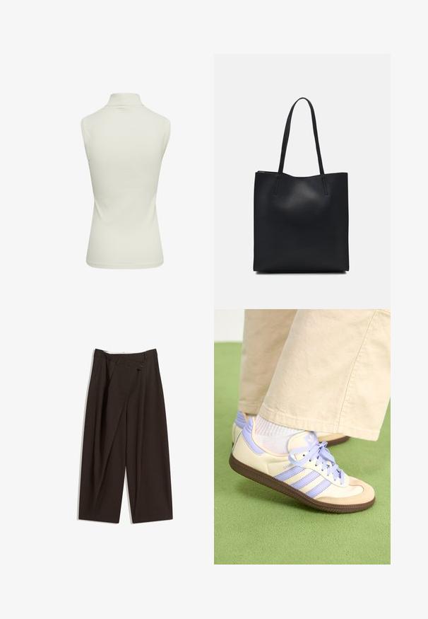 Csíkozott, ujjatlan, garbós felső világos krémszínben. Sima textúrájú, testhezálló forma, tiszta szélekkel, magas nyakkivágással.; Sötétbarna, bő szárú nadrág magas derékkal, egyetlen gombos záródással és redős elülső résszel. Könnyű anyagból készült.; Krém és levendula színű sportcipők három csíkkal és texturált barna talppal, fűzőkkel és párnázott sarokkal. Puha anyagú felsőrész.; Fekete bőrtáska sima felszínnel, téglalap alakú, két hosszú füllel. Nincs látható fémkiegészítő vagy díszítés.