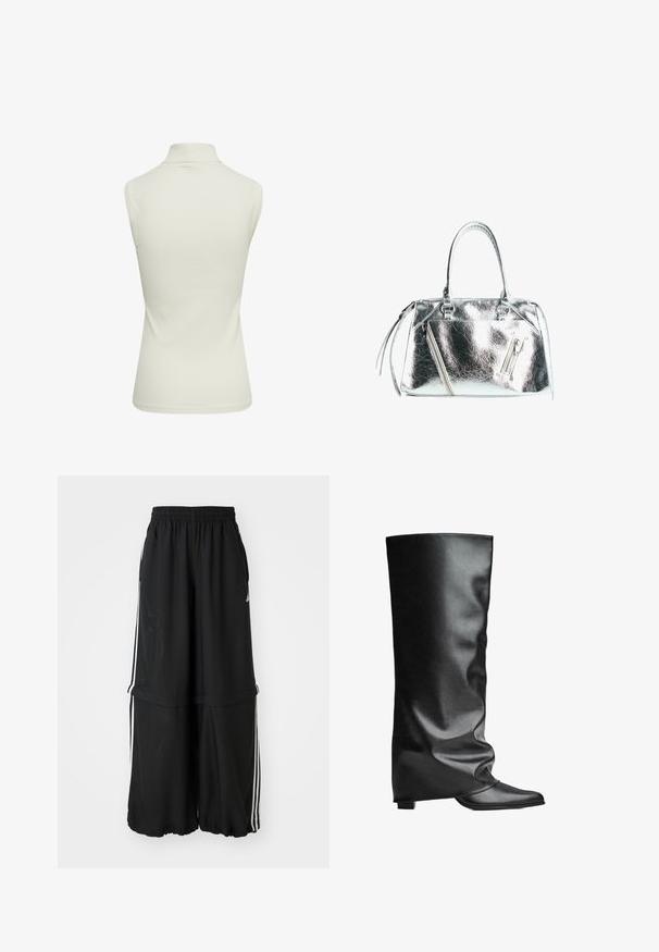 Ribbede, ærmeløse turtleneck-top i lys cremefarve. Glat tekstur med en tætsiddende form og rene kanter, der har en høj halsudskæring.; Sorte atletiske bukser med elastisk talje, sidelæns striber og en løs pasform med en samlet kant for en luftig silhuet.; Sorte læder støvler til knæene med en glat struktur, smygende design, spids tå og en lav firkantet hæl. Minimalistisk stil uden synligt hardware.; Metalisk sølvhandtaske med en struktureret form, to topstropper og lynlåslommer på forsiden. Glat, blank overflade.