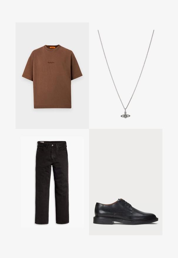 Rudas medvilninis marškinėliai su laisvu siluetu, apvaliu kaklu ir mažuoju siuvinėtų logo priekyje. Trumpi rankogaliai, minimalus dizainas.; Juodos tiesios kojų džinsinės kelnės su penkiomis kišenėmis, mygtuko užsegimu ir diržo kilpomis, išdėstytos plokščiai ant balto fono.; Juodas odinis suknių batelis su apvalia nosimi, raišteliais ir žemu, sukrautu kulnu. Lygus paviršius su minimaliais siuvinėjimo detalėmis.; Sidabrinė grandinėlė su detaliu pakabuku planetos forma, papuošta mažomis detalėmis ir sudėtingais raštais.