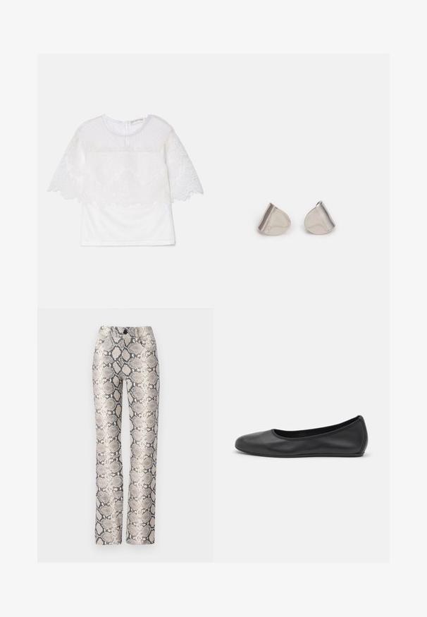 Top blanco con un sobrecubro de encaje transparente texturizado con bordes festoneados y patrones florales. Mangas cortas y escote redondo.; Pantalones de estampado de serpiente en una combinación de colores beige y gris. Diseño de pierna recta con un acabado texturizado y bolsillos frontales. Cuenta con un cierre de botón.; Bailarina de piel negra con punta redondeada, textura suave, detalle de costura minimalista y diseño de suela flexible.; Pendientes de metal plateado con una forma suave de lágrima y un acabado pulido. Grabados sutiles añaden detalle. Diseño minimalista.