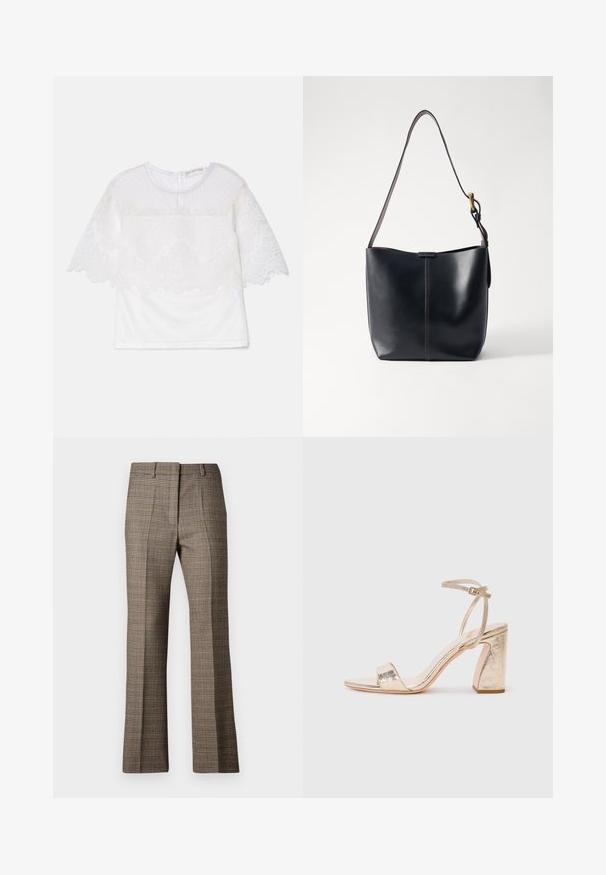 Valkoinen toppi, jossa on teksturoitu läpinäkyvä pitsikuvio, jossa on aaltoilevat reunat ja kukkakuviot. Lyhyet hihat ja pyöreä kaula-aukko.; Ruske rućaste hlače s ravnim krojem, izrađene od teksturirane tkanine i s suptilnim bojama bež i tamnijih smeđih tonova kroz uzorak.; Kultainen metallinen korkokenkä, jossa on leveä nauha varpaiden päällä, säädettävä nilkkahihna ja teksturoitu tukev heel.; Musta nahkainen olkalaukku, jossa on sileä pinta, ohut ja pitkä hihna sekä hienovarainen ommeltu yksityiskohta keskellä.