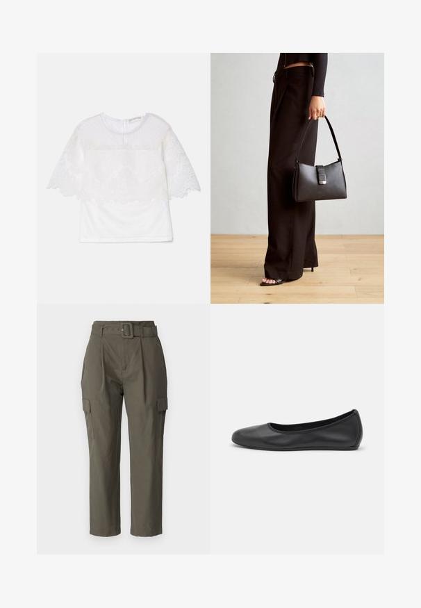 Biała bluzka z teksturowanym, przezroczystym koronkowym wykończeniem z falbaniastymi brzegami i kwiatowymi wzorami. Krótkie rękawy i okrągły dekolt.; Spodnie cargo w oliwkowym kolorze, wykonane z lekkiego materiału. Cechy to pasek w talii, fałdy z przodu oraz boczne kieszenie z klapkami.; Czarne skórzane baletki z zaokrąglonym noskiem, gładką fakturą, minimalnymi przeszyciami i elastycznym designem podeszwy.; Czarna torebka o usztywnionym kształcie, gładkiej fakturze i metalowym zapięciem. Połączona z szerokimi czarnymi spodniami i sandałami na otwartym palcu na drewnianej podłodze.
