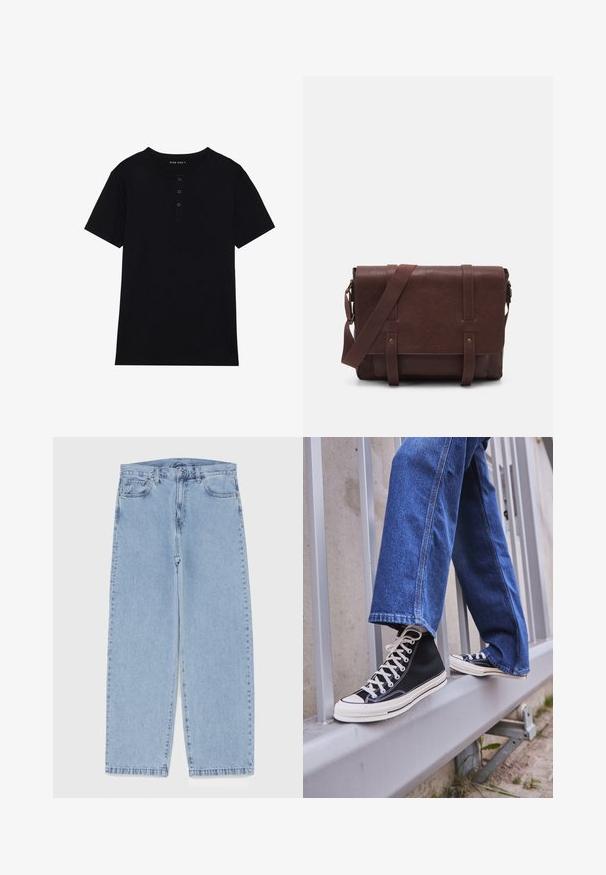 Juoda trumpa rankovė marškinėliai iš medvilnės, su apvaliu kaklo iškirpimu ir trimis sagomis. Lygus paviršius su įprastu kirpimu.; Juodai balta langeliais padaryta marškiniai iš vilnos mišinio, su smailiu apykakle ir dviem krūtinės kišenėmis, su mygtukų uždarymu priekyje.; Šviesiai mėlyni džinsai su tiesiomis kojomis, turintys vidutinio aukščio juosmenį, penkias kišenes ir mygtuko bei užtrauktuko uždarymą.; Juodi aukšti sportiniai bateliai su baltu padu ir raišteliais, derinami su laisvai krentančiais mėlynais džinsais, atremti į pilką turėklą.; Rudas odinis paštininko krepšys su lygiu priekiniu dangčiu, dviem diržais, auksiniais detalėmis ir reguliuojamu peties diržu.; Sidabro nerūdijančio plieno laikrodis su apvaliu žaliu ciferblatu, sidabro spalvos valandų žymekliais, datos rodmeniu ir metaline grandinėle. Atsparus vandeniui iki 50 metrų.