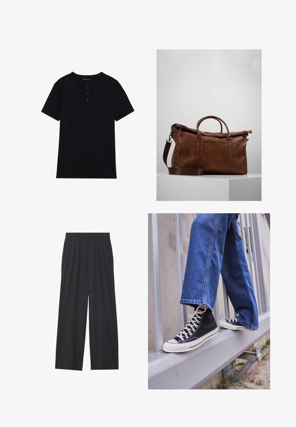 Sort kortærmet t-shirt i bomuld med rund halsudskæring og tre-knaps lukning. Glat tekstur med regular fit.; Vidder bukser lavet af mørkegrå stof. Har folder ved taljen, et skræddersyet design og en lige silhuet.; Sorte høj-top sneakers med hvid sål og snørebånd, parret med løse blå denimjeans, hvilende på et gråt gelænder.; Brun læder gymtaske med lynlåslukning, dobbelte håndtag, justerbar skulderrem og synlige teksturmønstre på overfladen.