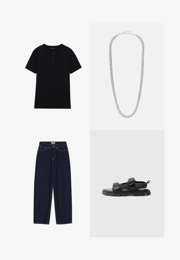 Tricou negru cu mânecă scurtă din bumbac, cu guler rotund și placket cu trei nasturi. Textură netedă, cu croială regulară.; Pantaloni cu picioare largi din denim de culoare bleumarin închis, cu cusături contrastante, buzunare frontale și închidere cu nasture. Croială curată, dreaptă, fără embellishments.; Sandale negre cu un superior din material texturat, bretele late, accente din metal cu cataramă și o talpă groasă din cauciuc cu un model de prindere.; Colier din metal argintiu cu lănțișoare interconectate, o textură netedă și un închizător ajustabil pentru personalizarea lungimii.