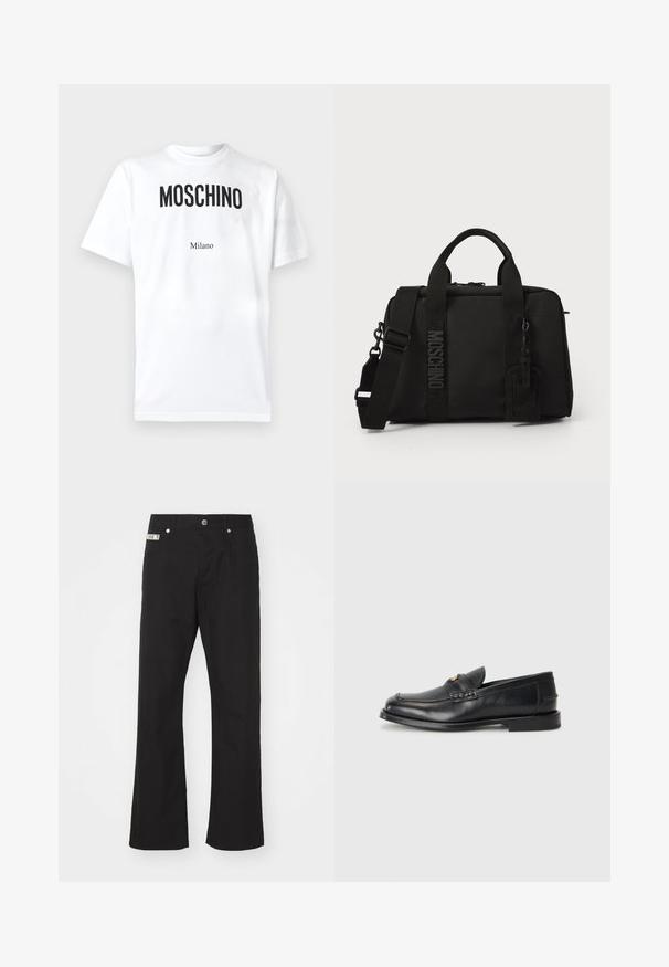 T-shirt bianca in cotone con scritta nera audace "MOSCHINO" e la parola più piccola "Milano" sotto. Maniche corte e design classico con scollo rotondo.; Pantaloni neri in cotone con design a gamba dritta, dotati di chiusura frontale con bottone, due tasche laterali e una piccola etichetta del marchio sulla cintura.; Mocassini in pelle nera con punta rotonda, dettagli cuciti e una piccola accentuazione dorata sul davanti. La suola è piatta e discreta.; Borsa di tessuto nera con doppio manico e tracolla removibile. Presenta un logo in rilievo e un'etichetta in pelle. Texture liscia, forma rettangolare.