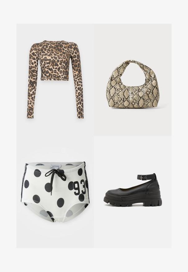 Top z długim rękawem w print w panterkę, w ciemno-brązowej i beżowej kolorystyce, o gładkiej fakturze i dopasowanym kroju.; Szorty kąpielowe w czarno-białe kropki z regulowanym paskiem w talii, z numerem "93" z przodu i gładkim, elastycznym materiałem.; Buffalo ASPHA czarny; Torebka w wężowy wzór z zakrzywionym uchwytem. Wykonana z teksturowanych, beżowych i brązowych materiałów, z charakterystycznym wzorem w diamenty.
