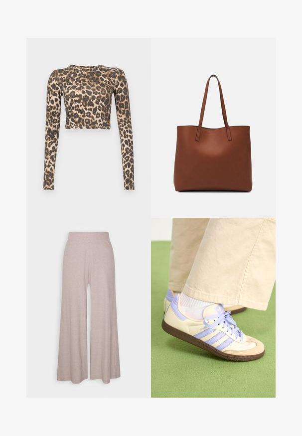 Top scurt cu mânecă lungă, cu un imprimeu de leopard, caracterizat printr-o schemă de culori în nuanțe de maro închis și bej, cu o textură netedă și o siluetă ajustată.; Pantaloni largi de culoare gri deschis, dintr-un material moale, cu textură în rilief, având un talie înaltă și picioare lungi, cu o textură subtilă.; Adidași crem și lavandă cu trei dungi și o talpă texturată maro, având șireturi și un călcâi căptușit. Superior din material moale.; Geantă de umăr din piele maro cu o textură netedă, design cu vârf deschis și două curele pentru umăr. Prezintă cusături minime și fără componente metalice vizibile.