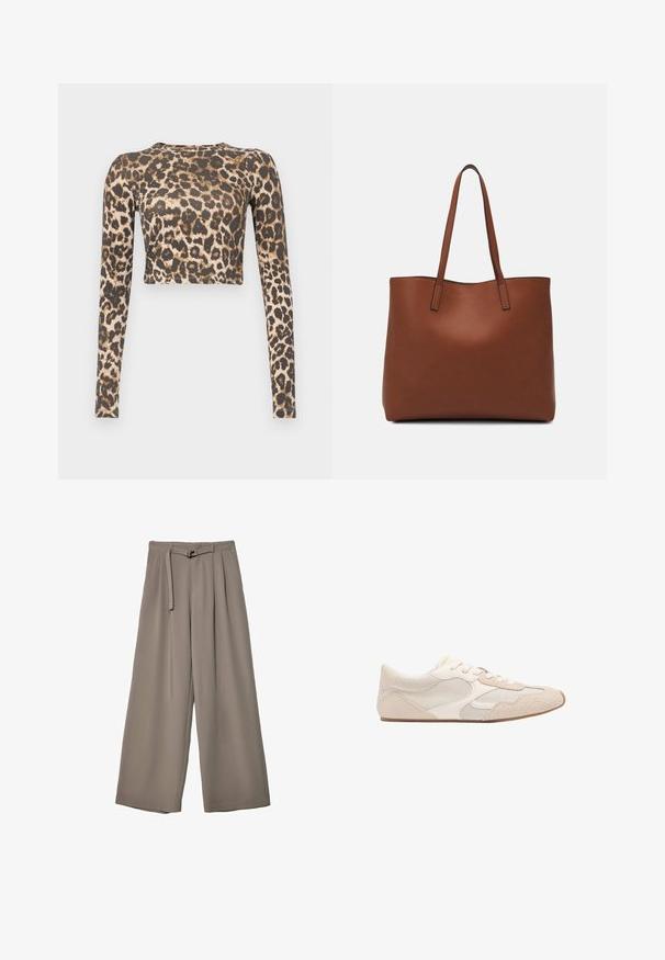 Majica s dolgimi rokavi skrajšane dolžine v leopardjem potisku, s temno rjavo in bež barvno shemo, gladko teksturo in prilegnjenim krojem.; Široke hlače iz mehke, umirjene sive tkanine, z pasom, ki ga je mogoče zavezati, in z gubami za dodatne oblikovne podrobnosti. Gladka tekstura, brez vzorcev.; Bežna atletska čevlja, ki združuje mrežaste in semiš materiale, ima okroglo konico in vezalke. Teksturovani detajli na zgornjem delu povečujejo oprijem.; Rjava usnjena torba z gladko teksturo, odprto zasnovo zgoraj in dvema naramnima trakovoma. Opremljena je z minimalnim šivanjem in brez vidnih kovinskih delov.