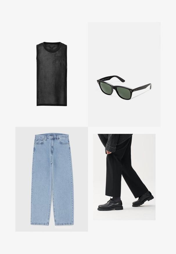 Top senza maniche in mesh nero con un motivo a griglia, scollo tondo e orli grezzi. Tessuto leggero e traspirante con una vestibilità rilassata.; Jeans in denim azzurro chiaro con design a gamba dritta, caratterizzati da una vita media, cinque tasche e chiusura con bottone e zip.; Scarpe in pelle nera con punta arrotondata, design con lacci e suola spessa e texture. Indossate con pantaloni neri su misura e un maglione a coste.; Occhiali da sole in plastica nera con lenti verdi, montatura quadrata, dettaglio argento sulla parte superiore e steli con texture. Marchio indicato sulla parte interna dello stelo.