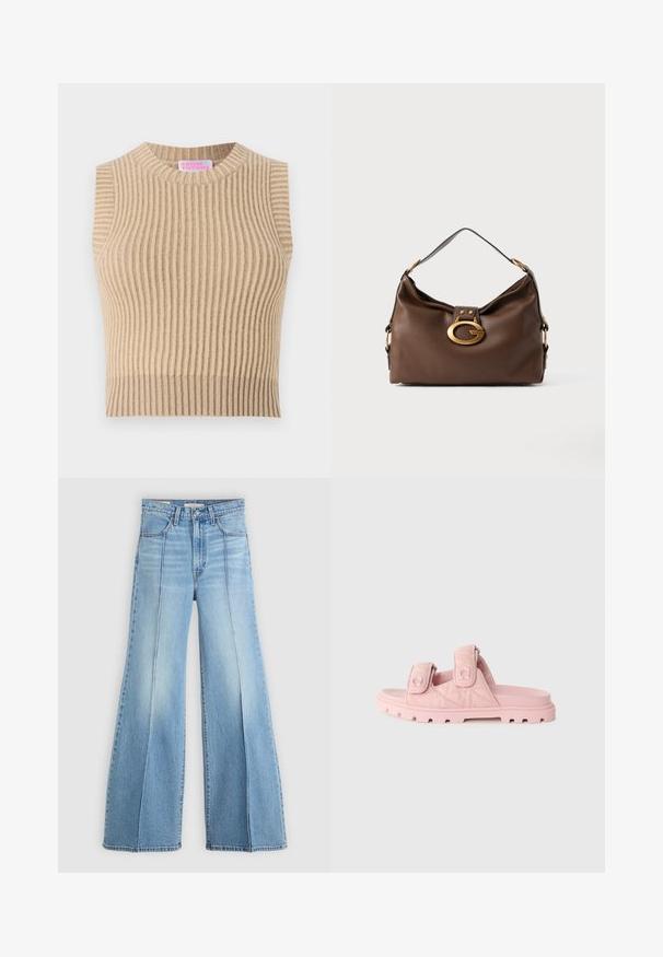 Top fără mâneci tricotat cu dungă, de culoare bej, cu guler rotund. Prezintă un model texturat și o paletă de culori neutră.; Jeans de culoare bleu deschis, cu talie înaltă și picioare largi, buzunare frontale și din spate, bucle pentru curea și detalii cu cusături verticale pe față.; Saboti roz cu o talpă groasă, ruggedă și adânc profilată, având două curele ajustabile din Velcro și un superior dintr-un material texturat.; Geantă de umăr din piele maro cu un finisaj texturat, având un închizător din metal de culoare aurie și un singur mânere curbat.