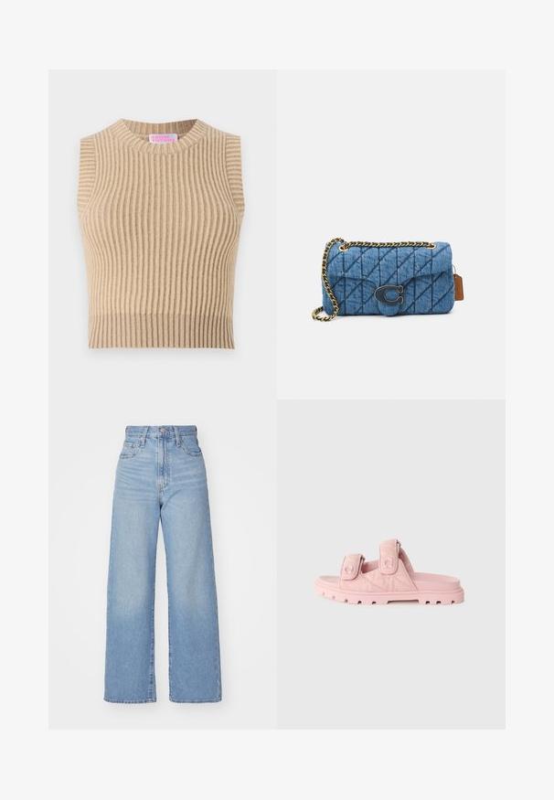 Beige Rippstrick-Top mit rundem Halsausschnitt und ärmellosem Design. Verfügt über ein strukturiertes Muster und eine neutrale Farbpalette.; Hellblaue High-Waist-Weite-Leg-Jeans mit Knopf- und Reißverschluss vorne, Vorder- und Rückentaschen, auf weißem Hintergrund.; Rosa Rutschsandalen mit zwei verstellbaren Velcro-Riemen, oberer Teil aus strukturiertem Stoff und einer robusten, dicken Sohle mit tiefen Profilen.; Blaue gesteppte Denim-Schultertasche mit einem goldenen Kettenriemen und einem auffälligen goldenen Logoakzent auf der Vorderseite. Kompakte rechteckige Form.