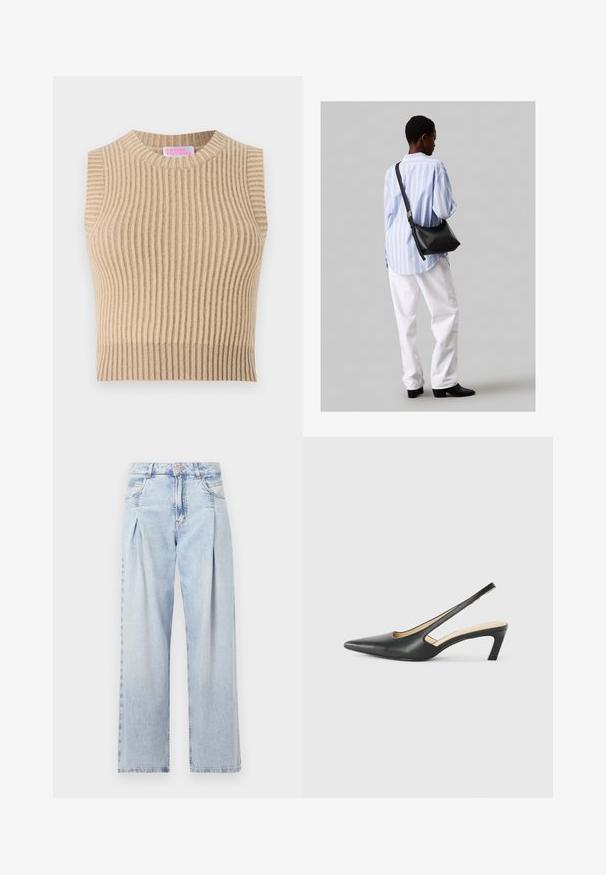 Beige Rippstrick-Top mit rundem Halsausschnitt und ärmellosem Design. Verfügt über ein strukturiertes Muster und eine neutrale Farbpalette.; Helle blaue Denim-Jeans mit hoher Taille, weitem Beinschnitt, zwei seitlichen Taschen und gefaltetem Design. Weiche Textur mit einem ausgebleichten Finish.; Schwarzer spitz zulaufender Slingback-Schuh mit niedrigem Absatz, der aus glattem Leder gefertigt ist und seitliche Ausschnitte für Atmungsaktivität aufweist.; Schwarze Leder-Umhängetasche mit weicher Textur, dreieckiger Form und verstellbarem Tragegurt, kombiniert mit einem hellblauen gestreiften Hemd und weißen Hosen.