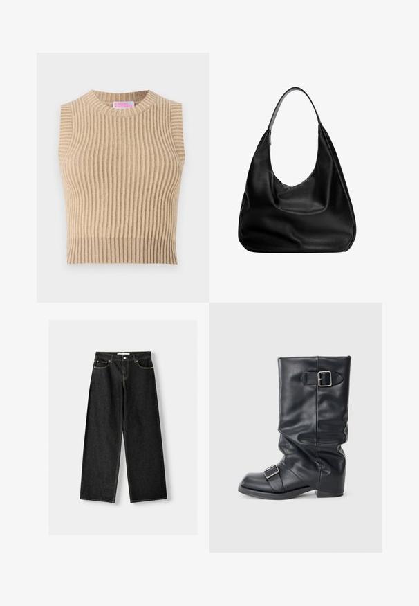 Top fără mâneci tricotat cu dungă, de culoare bej, cu guler rotund. Prezintă un model texturat și o paletă de culori neutră.; Blugi largi din denim negru, cu cinci buzunare, închidere cu buton metalic și fermoar, și cusături galbene contrastante de-a lungul cusăturilor.; Bucurie din piele neagră cu un brâu pliat, având două catarame argintii. Vârf rotunjit și un design cu talpă joasă, plată. Textură netedă, detalii minime.; Geantă hobo din piele neagră, cu un design lejer, curea lată pentru umăr și textură netedă. Prezintă un singur închidere cu fermoar pe lateral.