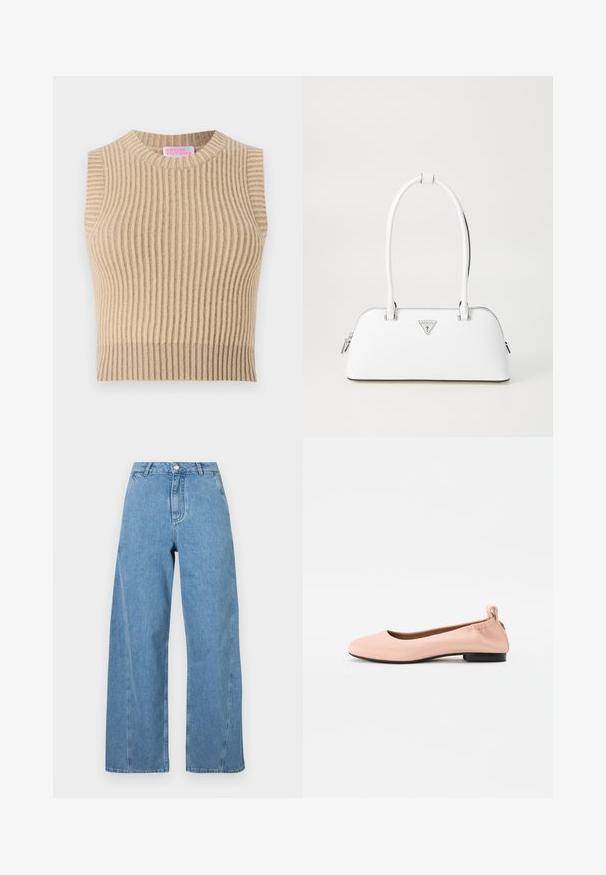 Beige bordázott kötött ujjatlan póló kerek nyakkivágással. A textúrált mintázat és a semleges színpaletta jellemzi.; Világoskék, bővülő szabású farmernadrág, magas derékkal, egyenes vonalvezetéssel és kontrasztos varrással az oldalsó varratok mentén.; Halvány rózsaszín balerina cipők sima anyagból, kerek orral, rugalmas hátsó résszel és kis fekete sarokkal.; Fehér bőr kézitáska ívelt formával, ezüst háromszög logóval és zipzáras záródással. Simább szerkezet és dupla fogantyú.