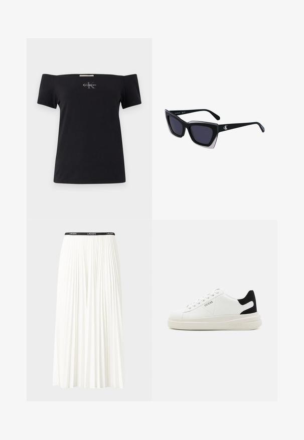 Musta off-the-shoulder t-paita, joka on valmistettu puuvillasta ja jossa on lyhyet hihat. Edessä pieni harmaa Calvin Klein -logo.; Hame valkoinen pliseerattu hame mustalla joustavalla vyötäröhihnalla, jossa on "LACOSTE"-logo. Puolipitkä malli pehmeällä tekstuurilla.; Valkoiset nahkakengät paksulla valkoisella pohjalla, mustalla mokkanahkaosuudella kannassa ja kohokuvioitu logo sivulla. Nauhakeskitys kuudella reiällä.; Mustat ylisuuret aurinkolasit, joissa on geometrinen muoto, tummat linssit ja kehykseen erottuva harmaa yksityiskohta. Logo varressa.