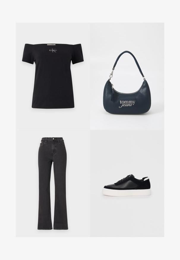 Camiseta negra de algodón con escote off-the-shoulder y mangas cortas. Presenta un pequeño logo gris de Calvin Klein en la parte delantera.; Jeans de cintura alta negros en tejido de mezclilla, con cierre de botón, presillas para cinturón y bolsillos laterales. Textura suave con un desvanecimiento mínimo.; Zapatilla negra con paneles de cuero liso y de ante, cordones planos, punta redondeada y una suela de goma blanca. Logotipo distintivo en el talón.; Bolso de mano de cuero azul marino con forma redondeada, cremallera plateada y el logo de "tommy jeans" en un estilo de fuente cursiva en la parte frontal. Asa corta.