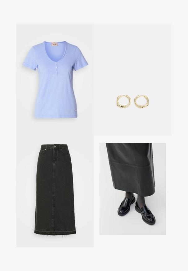 Svetlo modra kratkotrajna majica s kratkimi rokavi, ki ima V-izrez in pet gumbov na zapenjanju ter subtilno teksturo tkanine. Majhen logotip na robu.; Črna denim midi krila z oprijetim pasom, sprednjim gumbnim zapiranjem in razfrkanim robom. Ima klasičen dizajn s petimi žepi in rahlo teksturo.; Črne usnjene loafer čevlje s gladko površino, ki imajo dekorativno srajco, okroglo konico in teksturiran podplat. Nosi se z dolgim črnim usnjennim krilom.; Zlate obročaste uhane z teksturirano, nepravilno obliko. Imajo brezšivno zapiranje in poliširano površinsko obdelavo, kar poudarja sodoben dizajn.